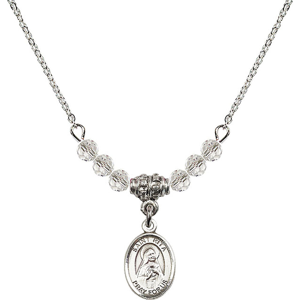 Sterling Silver Saint Rita of Cascia Birthstone Necklace with Crystal Beads - 9094