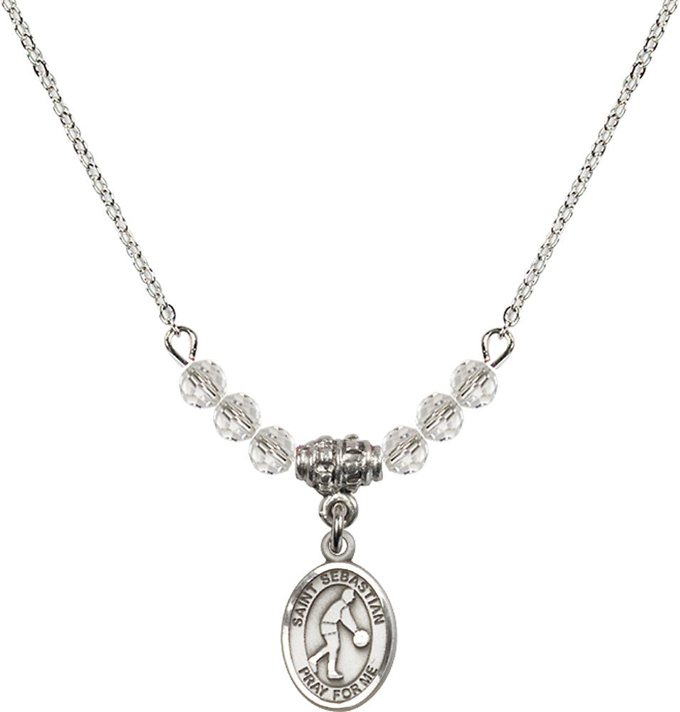 Sterling Silver Saint Sebastian/Basketball Birthstone Necklace with Crystal Beads - 9163
