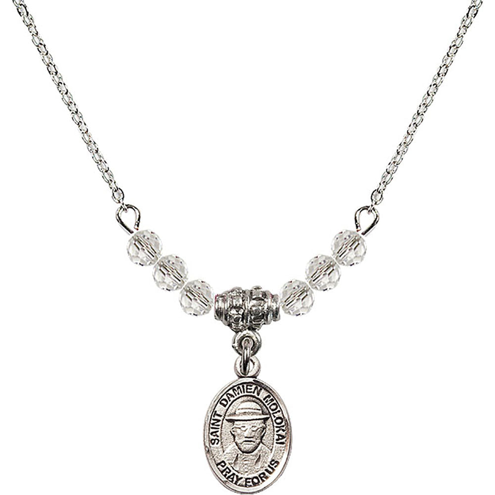 Sterling Silver Saint Damien of Molokai Birthstone Necklace with Crystal Beads - 9412