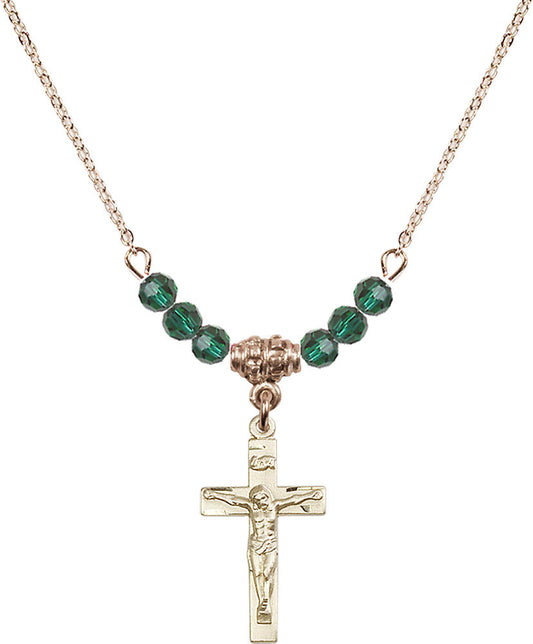 14kt Gold Filled Crucifix Birthstone Necklace with Emerald Beads - 0001