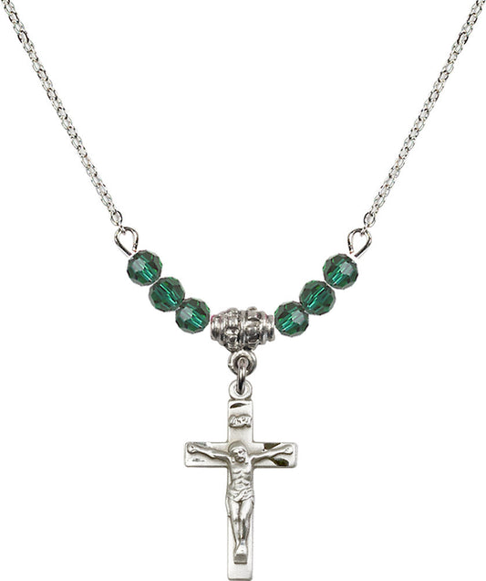 Sterling Silver Crucifix Birthstone Necklace with Emerald Beads - 0001