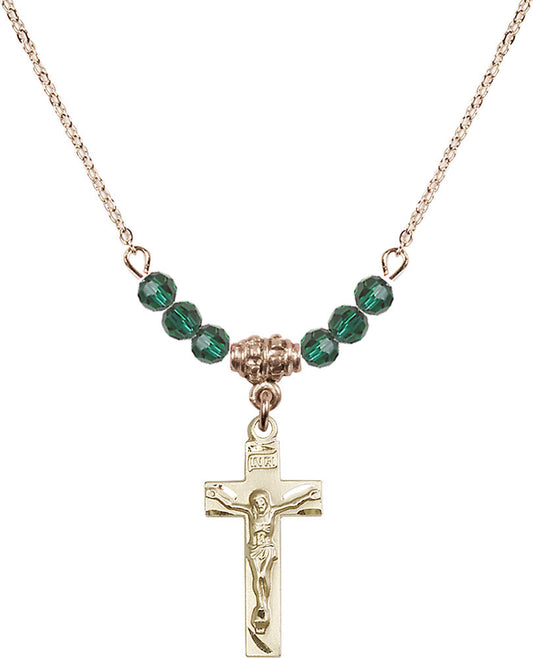 14kt Gold Filled Crucifix Birthstone Necklace with Emerald Beads - 0006