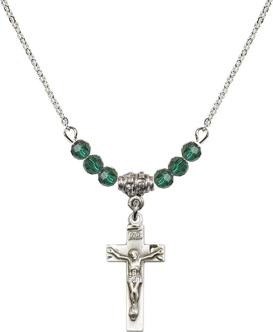 Sterling Silver Crucifix Birthstone Necklace with Emerald Beads - 0006