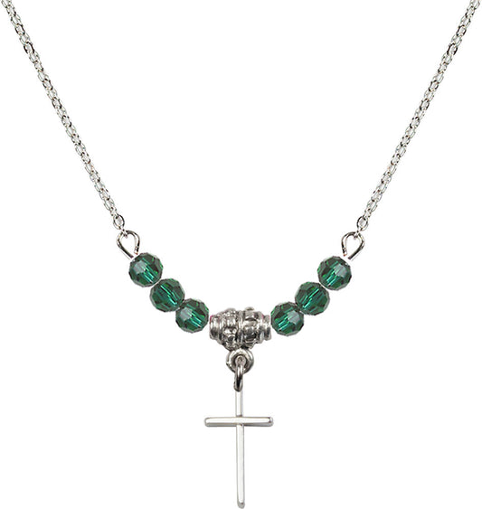 Sterling Silver Cross Birthstone Necklace with Emerald Beads - 0014
