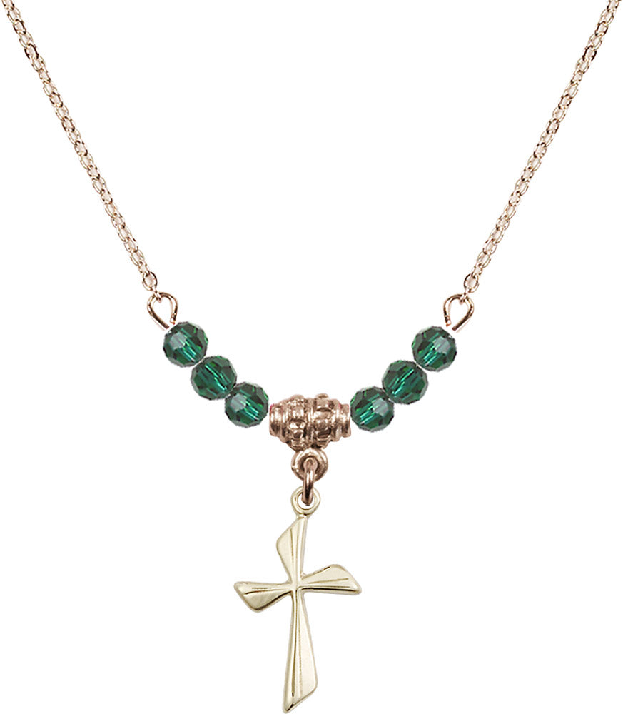 14kt Gold Filled Cross Birthstone Necklace with Emerald Beads - 0016