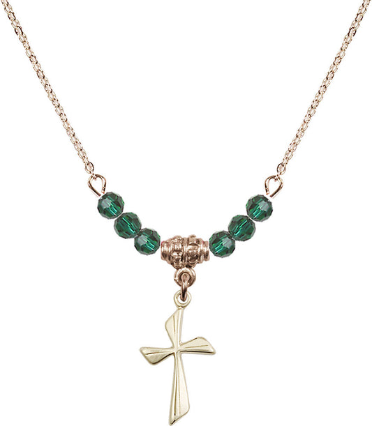 14kt Gold Filled Cross Birthstone Necklace with Emerald Beads - 0016