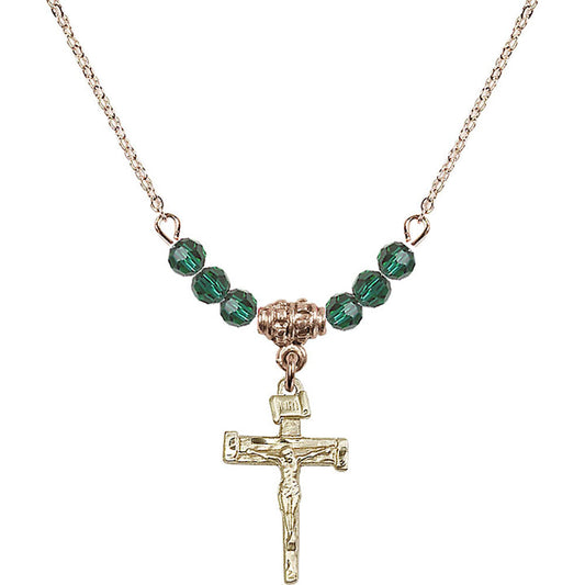 14kt Gold Filled Nail Crucifix Birthstone Necklace with Emerald Beads - 0072