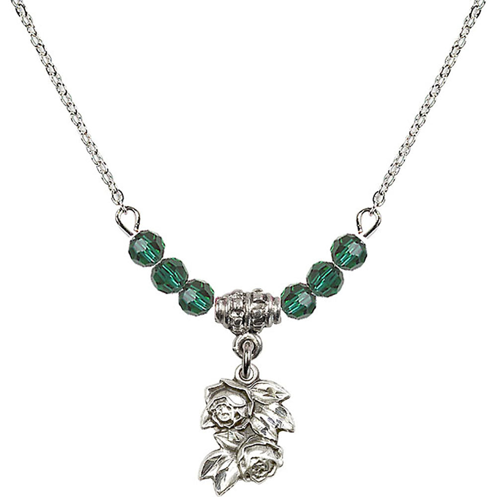 Sterling Silver Rose Birthstone Necklace with Emerald Beads - 0204