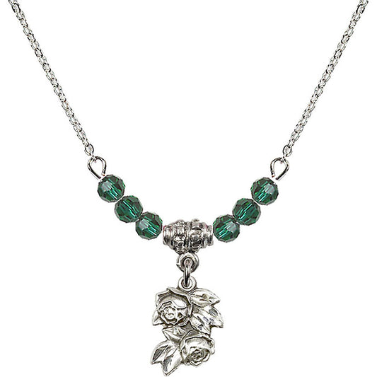 Sterling Silver Rose Birthstone Necklace with Emerald Beads - 0204