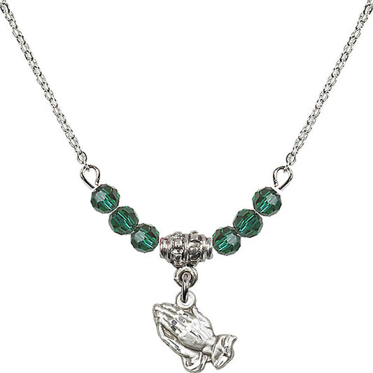 Sterling Silver Praying Hands Birthstone Necklace with Emerald Beads - 0220