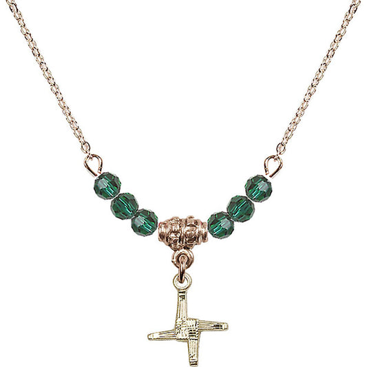 14kt Gold Filled Saint Brigid Cross Birthstone Necklace with Emerald Beads - 0291