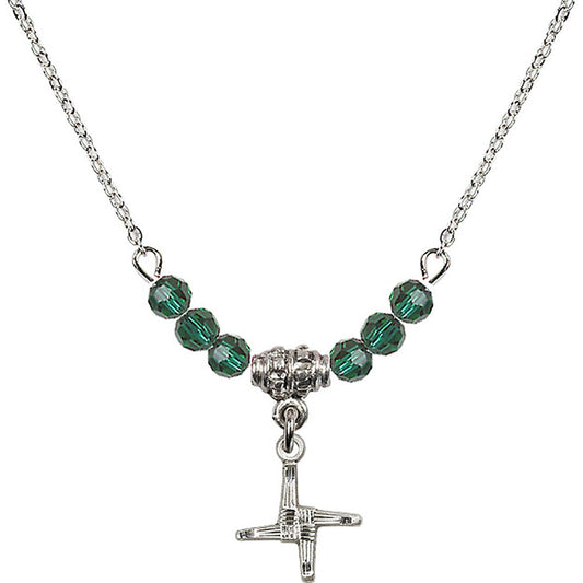 Sterling Silver Saint Brigid Cross Birthstone Necklace with Emerald Beads - 0291
