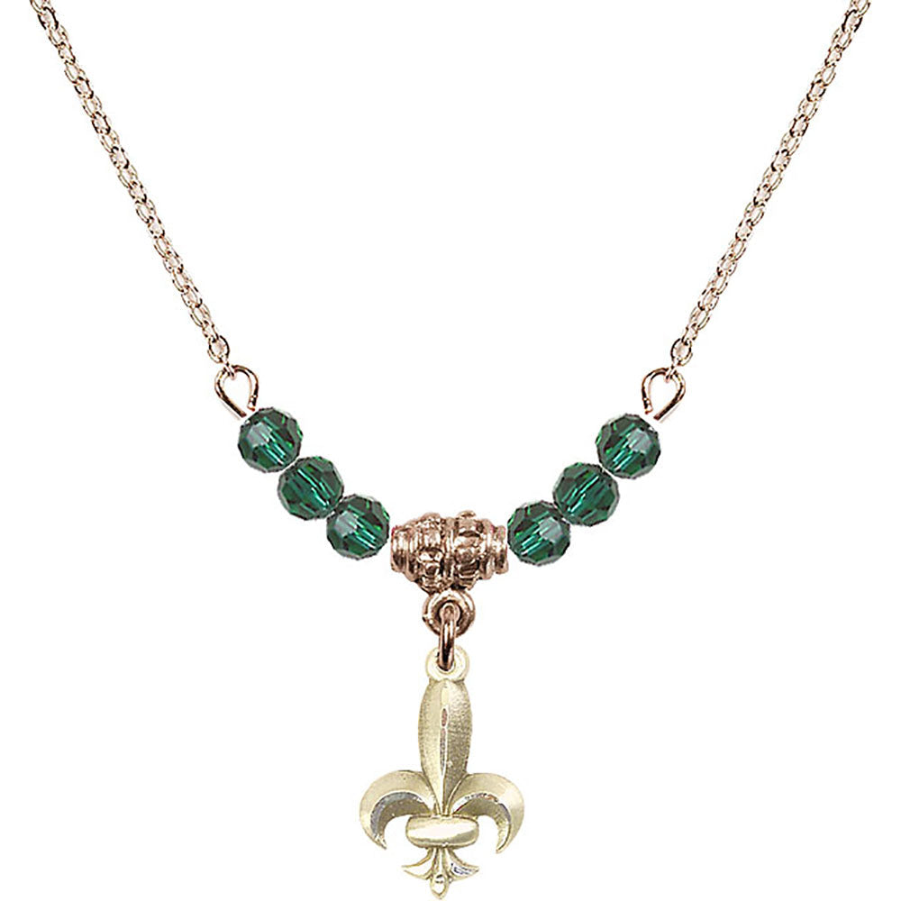 14kt Gold Filled Fleur de Lis Birthstone Necklace with Emerald Beads - 0293