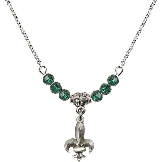 Sterling Silver Fleur de Lis Birthstone Necklace with Emerald Beads - 0293