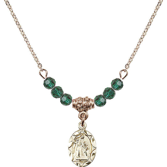 14kt Gold Filled Saint Ann Birthstone Necklace with Emerald Beads - 0301