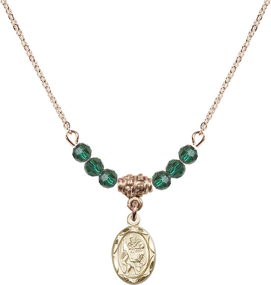 14kt Gold Filled Saint Christopher Birthstone Necklace with Emerald Beads - 0301