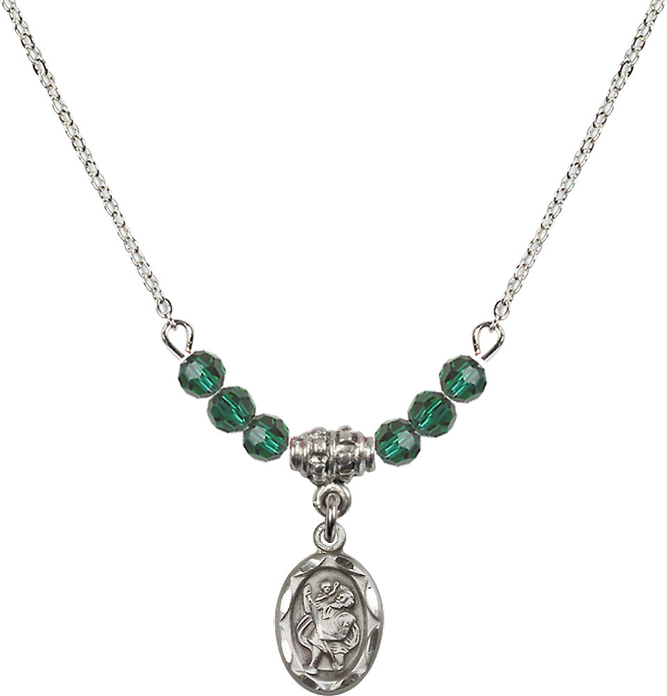 Sterling Silver Saint Christopher Birthstone Necklace with Emerald Beads - 0301