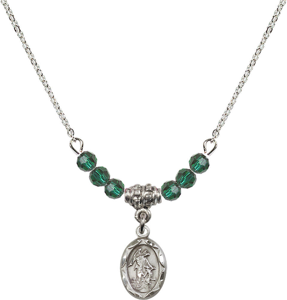 Sterling Silver Guardian Angel Birthstone Necklace with Emerald Beads - 0301