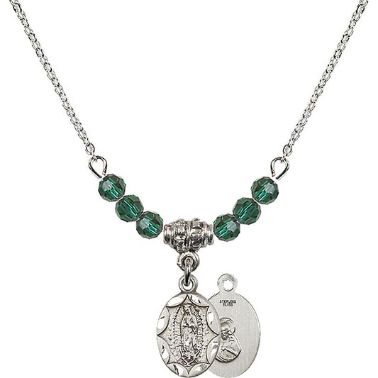 Sterling Silver Our Lady of Guadalupe Birthstone Necklace with Emerald Beads - 0301