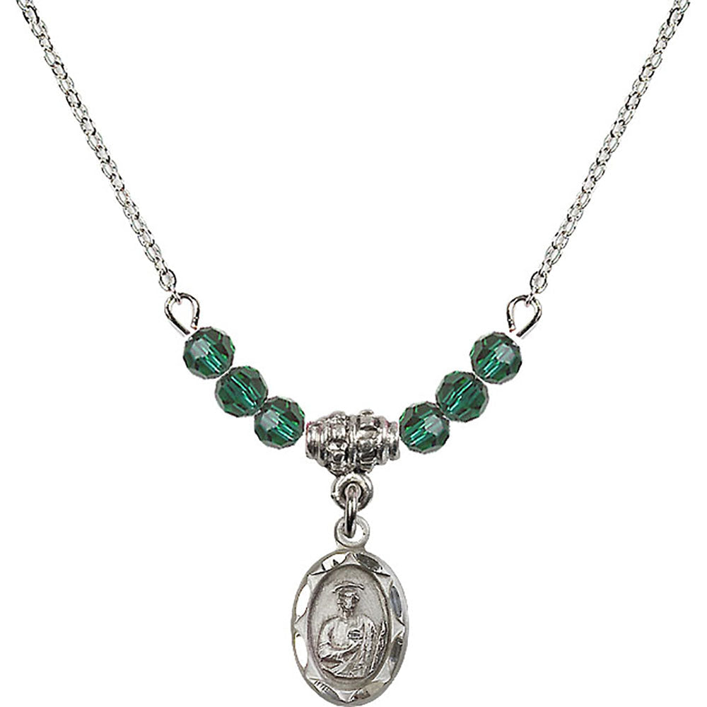 Sterling Silver Saint Jude Birthstone Necklace with Emerald Beads - 0301
