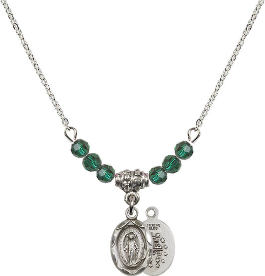 Sterling Silver Miraculous Birthstone Necklace with Emerald Beads - 0301