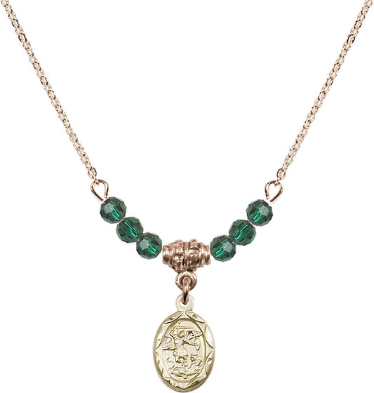 14kt Gold Filled Saint Michael the Archangel Birthstone Necklace with Emerald Beads - 0301
