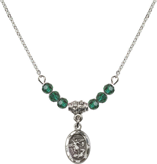 Sterling Silver Saint Michael the Archangel Birthstone Necklace with Emerald Beads - 0301