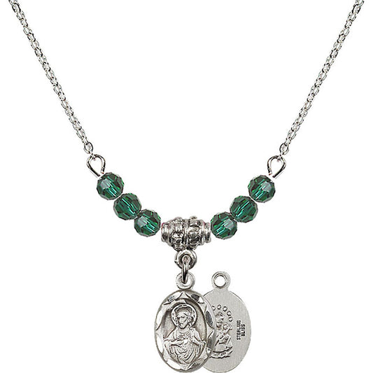 Sterling Silver Scapular Birthstone Necklace with Emerald Beads - 0301