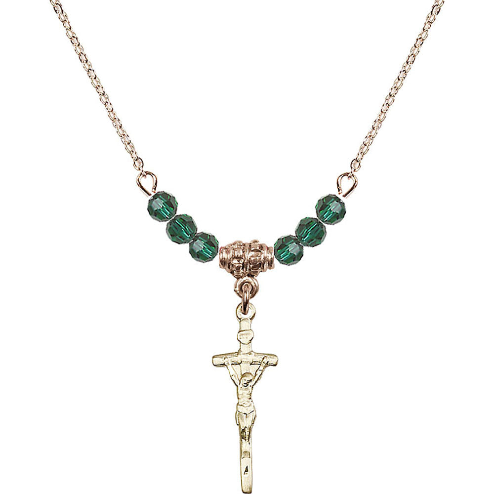 14kt Gold Filled Papal Crucifix Birthstone Necklace with Emerald Beads - 0563