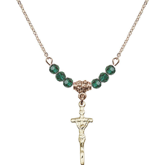 14kt Gold Filled Papal Crucifix Birthstone Necklace with Emerald Beads - 0563