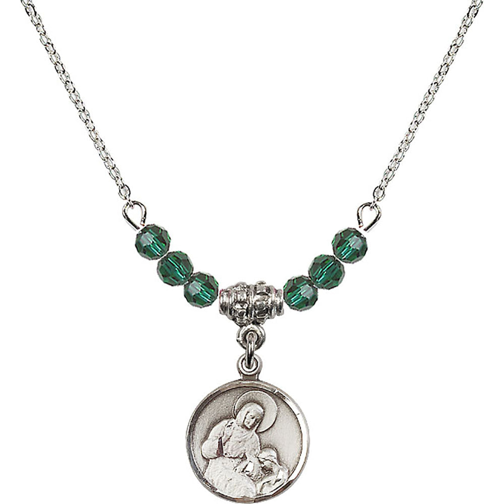 Sterling Silver Saint Ann Birthstone Necklace with Emerald Beads - 0601