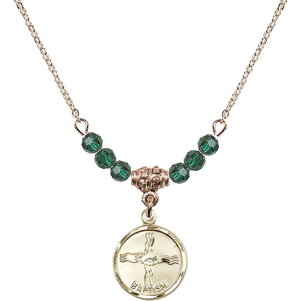 14kt Gold Filled Baptism Birthstone Necklace with Emerald Beads - 0601