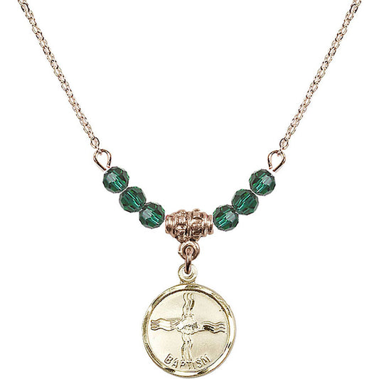 14kt Gold Filled Baptism Birthstone Necklace with Emerald Beads - 0601