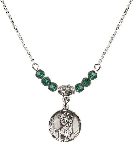 Sterling Silver Saint Christopher Birthstone Necklace with Emerald Beads - 0601