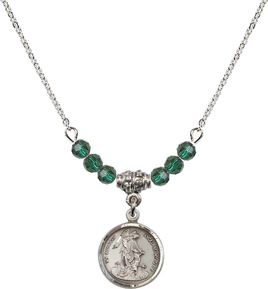 Sterling Silver Guardian Angel Birthstone Necklace with Emerald Beads - 0601