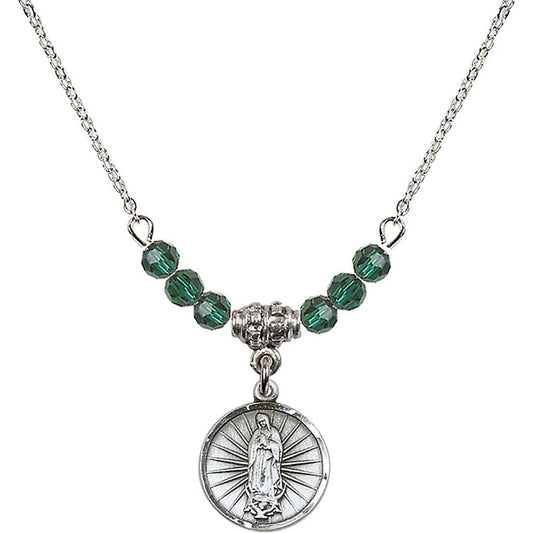 Sterling Silver Our Lady of Guadalupe Birthstone Necklace with Emerald Beads - 0601