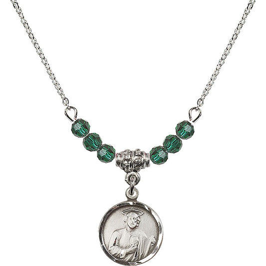 Sterling Silver Saint Jude Birthstone Necklace with Emerald Beads - 0601