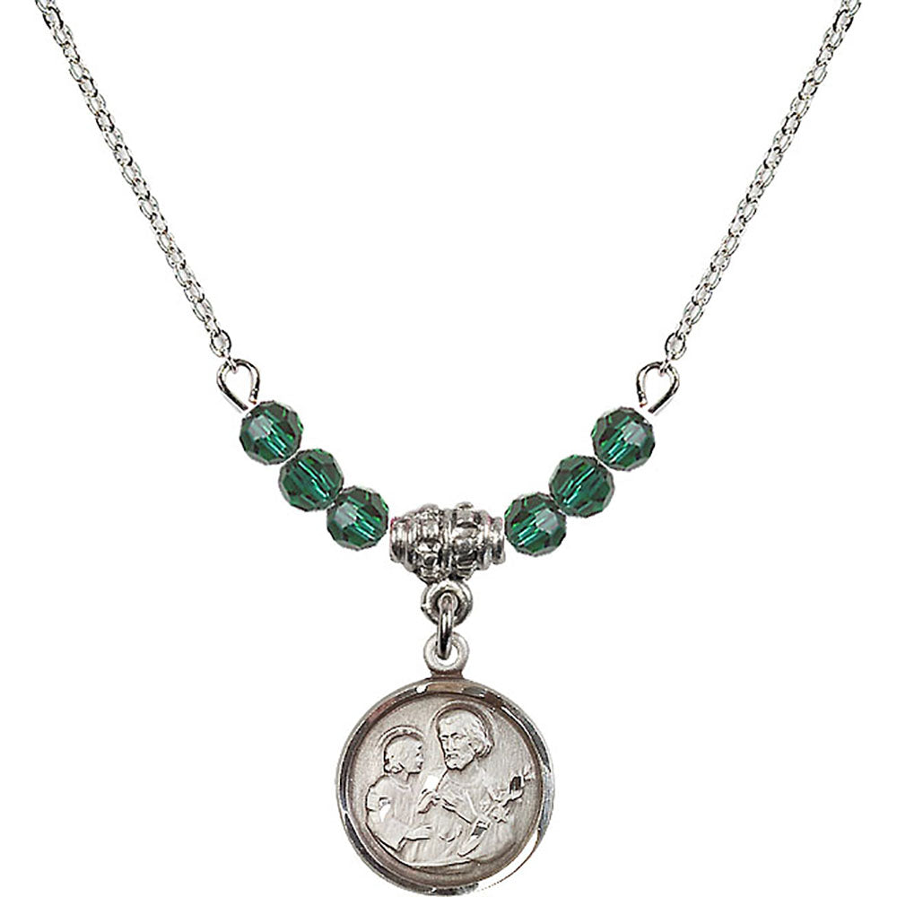 Sterling Silver Saint Joseph Birthstone Necklace with Emerald Beads - 0601