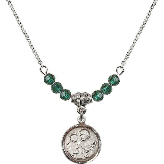 Sterling Silver Saint Joseph Birthstone Necklace with Emerald Beads - 0601
