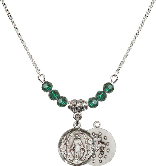 Sterling Silver Miraculous Birthstone Necklace with Emerald Beads - 0601