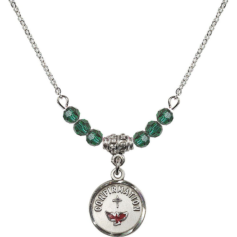 Sterling Silver Confirmation Birthstone Necklace with Emerald Beads - 0601