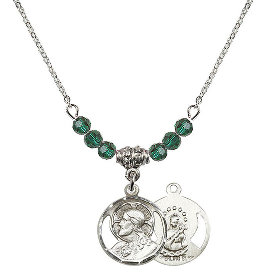Sterling Silver Scapular Birthstone Necklace with Emerald Beads - 0611