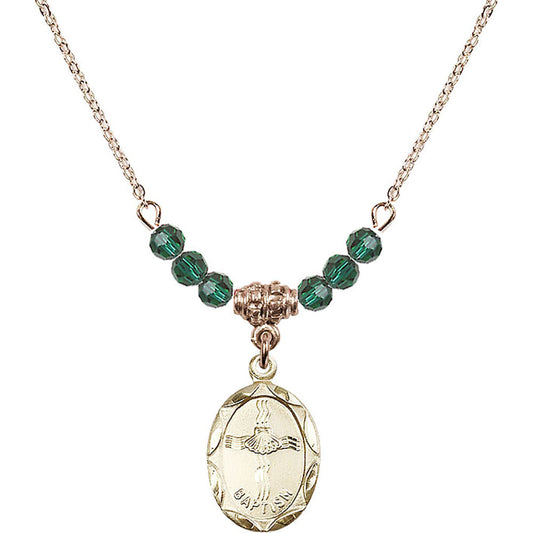 14kt Gold Filled Baptism Birthstone Necklace with Emerald Beads - 0612