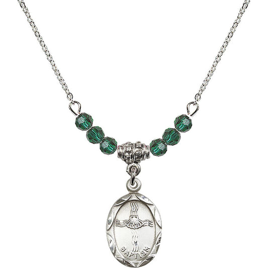 Sterling Silver Baptism Birthstone Necklace with Emerald Beads - 0612