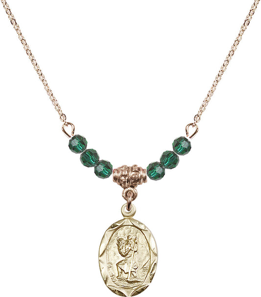 14kt Gold Filled Saint Christopher Birthstone Necklace with Emerald Beads - 0612