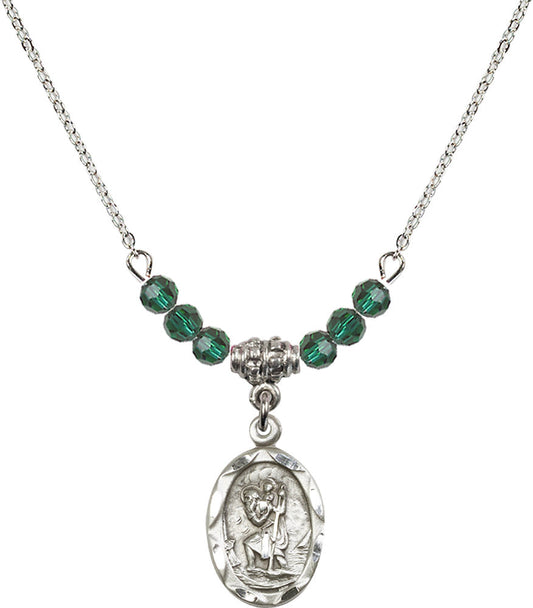 Sterling Silver Saint Christopher Birthstone Necklace with Emerald Beads - 0612
