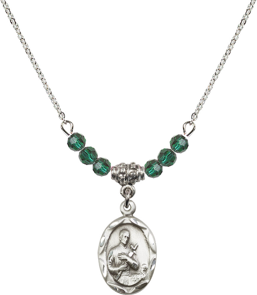 Sterling Silver Saint Gerard Birthstone Necklace with Emerald Beads - 0612