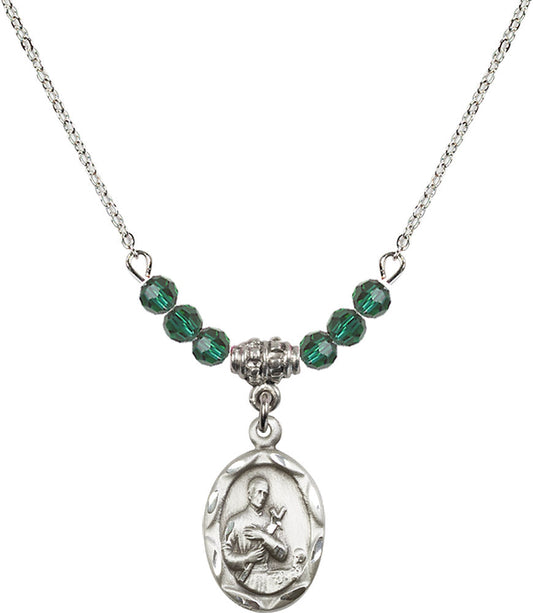Sterling Silver Saint Gerard Birthstone Necklace with Emerald Beads - 0612