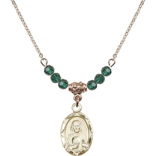 14kt Gold Filled Saint Jude Birthstone Necklace with Emerald Beads - 0612