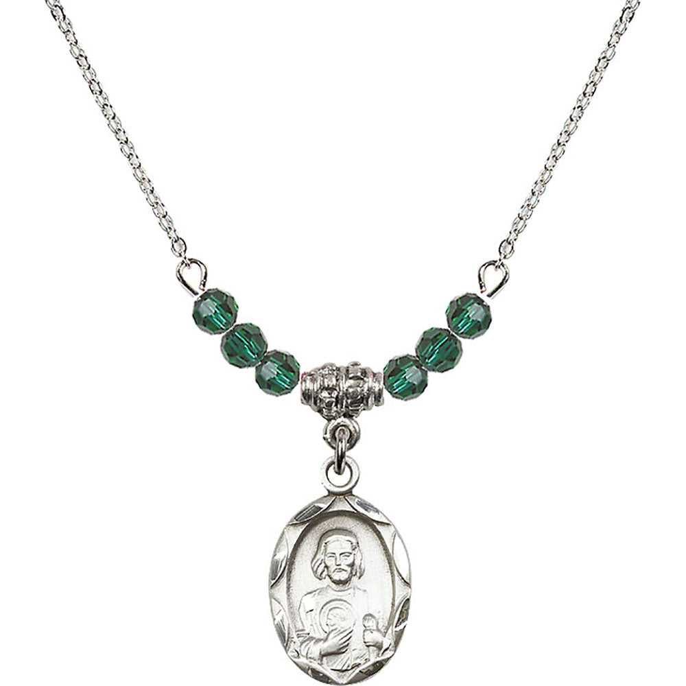 Sterling Silver Saint Jude Birthstone Necklace with Emerald Beads - 0612